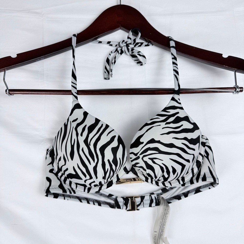Victoria's Secret Bikini Top Women 32A Zebra Print Push Up Halter Safari Baddie